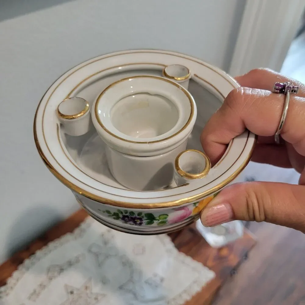 French Antique Porcelain Gilded 3 Quill Round Inkwell Jar Victorian Romantic